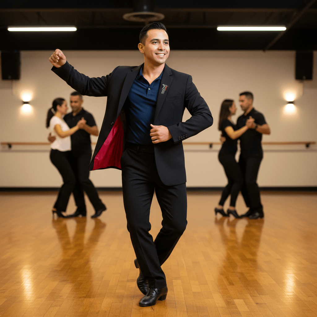 Male Latin dance instructor in stylish dance apparel, confident and charismatic